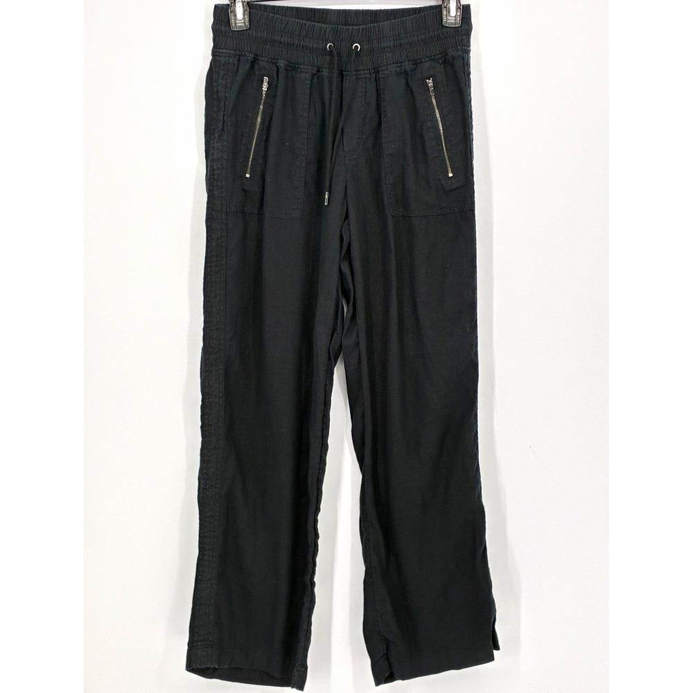 Athleta Linen Wide Leg Pants Black Women's Size 8 Drawstring Elastic Zip Pockets